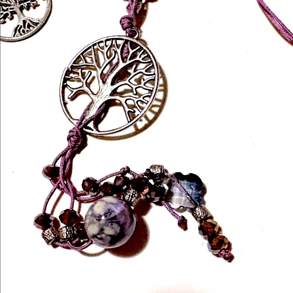 VINTAGE TREE OF LIFE AMETHYST DANGLE ADJUSTABE TIE 30-40" NECKLACE EARRING SET - Picture 4 of 11